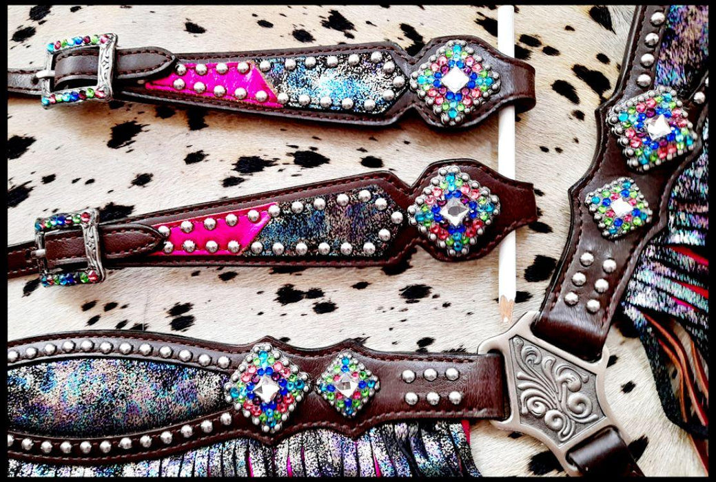 Rainbow Inlay metallic with pink metallic accent one ear Horse headstall - Medieval Replicas