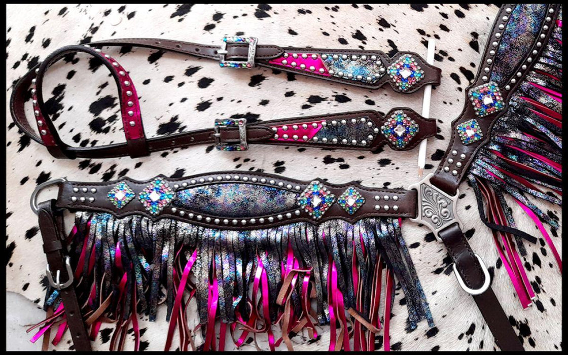 Rainbow Inlay metallic with pink metallic accent one ear Horse headstall - Medieval Replicas