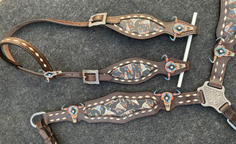 Showman Dark Oil Inlay Cow Skull Leather One Ear Headstall and Breast collar - Medieval Replicas