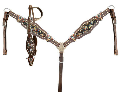 Showman Dark Oil Inlay Cow Skull Leather One Ear Headstall and Breast collar - Medieval Replicas