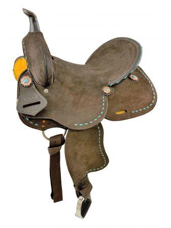 Double T Barrel style horse saddle with Oiled Rough out leather 14", 15" - Medieval Replicas