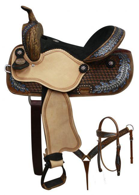 Double T  barrel style Horsen saddle with oak leaf tooled design 14", 15" - Medieval Replicas