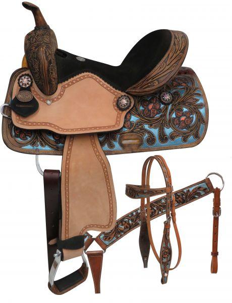 Double T Barrel Style Horse Saddle Set With Metallic Painted Tooling 14", 15" - Medieval Replicas