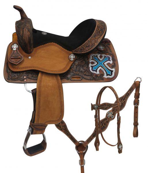 Double T  barrel style saddle set with metallic cross.14", 15", 16" - Medieval Replicas