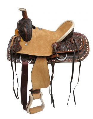 12" Double T Youth Hard Seat Roper Style Horse saddle With Basket Tooled Leather |riding saddle seat