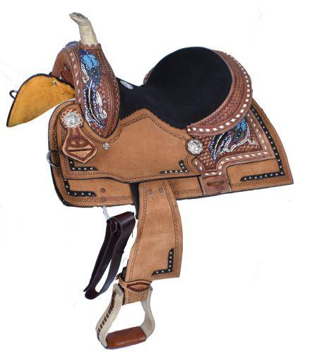 Double T Youth Barrel Style Horse Saddle With Hand Painted Feather Design 12" - Medieval Replicas