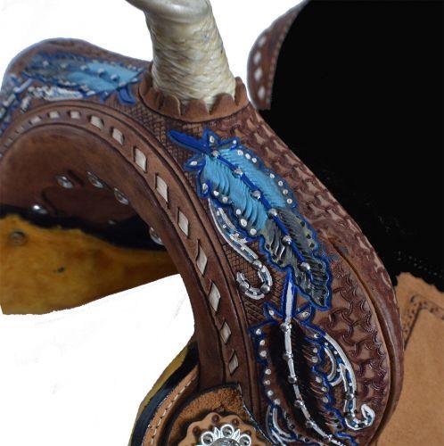 Double T Youth Barrel Style Horse Saddle With Hand Painted Feather Design 12" - Medieval Replicas