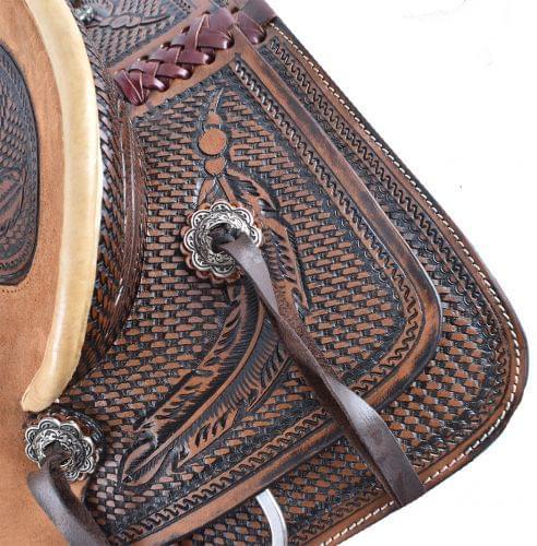 12" Double T Hard Seat Roper Horse Saddle With Basketweave and Feather Tooling | saddle seat riding - Medieval Replicas