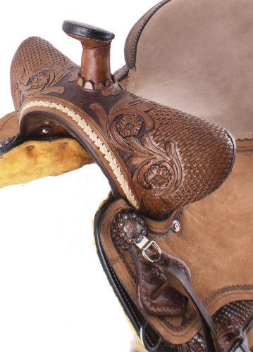 Double T Basket Weave & Floral Tooled Barrel Style Horse Saddle.15" - Medieval Replicas