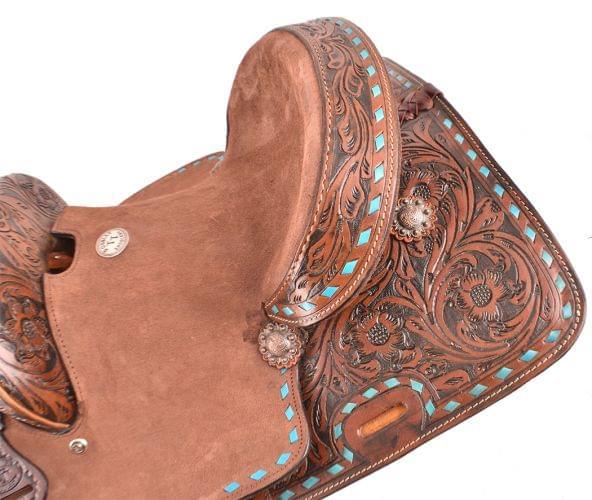 10" Double T Pony Hard Seat Barrel Horse Saddle With Turquoise Buckstitch Trim | horse saddle seat - Medieval Replicas