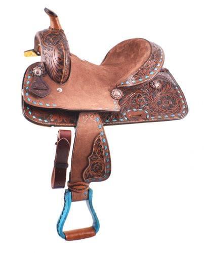 12" Double T Youth Hard Seat Barrel Horse Saddle With Turquoise Buckstitch Trim - Medieval Replicas