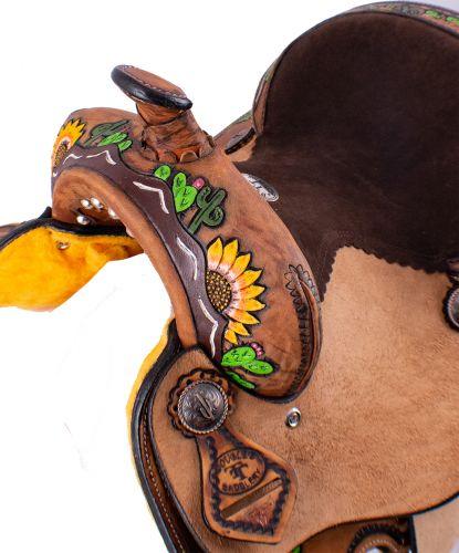 Double T  Barrel Style Saddle With Hand Painted Sunflower and Cactus Design 12" - Medieval Replicas