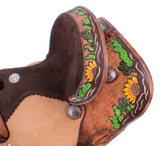 Double T  Barrel Style Saddle With Hand Painted Sunflower and Cactus Design 12" - Medieval Replicas