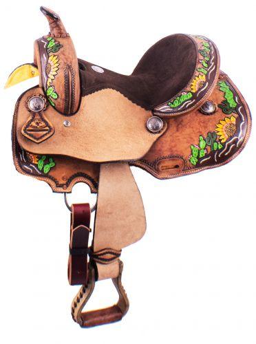 Double T  Barrel Style Saddle With Hand Painted Sunflower and Cactus Design 12" - Medieval Replicas