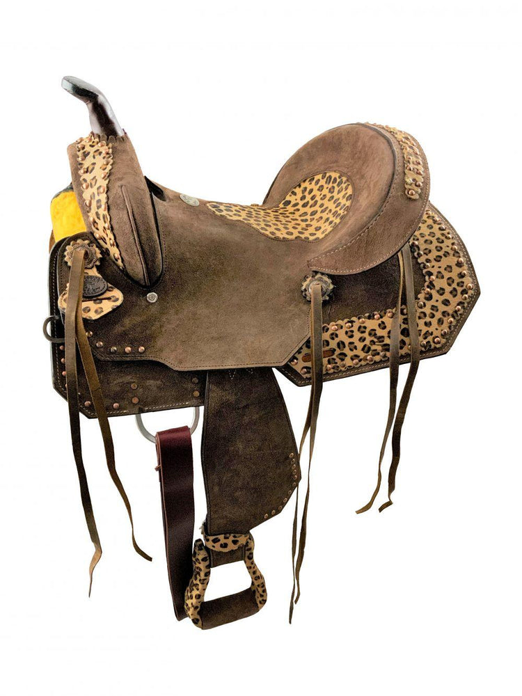 12" Double T Youth Hard Seat Barrel style horse saddle with Cheetah Seat | saddle seat riding