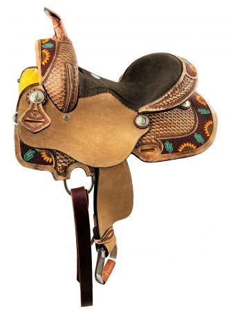 Double T Youth Barrel Style Horse Saddle With Cactus And Sunflower 12", 13" - Medieval Replicas