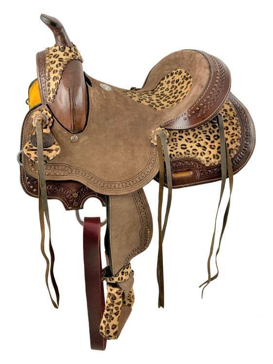 12" Double T  Hard Seat Barrel style saddle with Cheetah Seat and leather tassel |saddle seat riding - Medieval Replicas