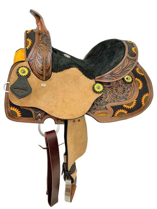 12" Double T Horse Saddle with Sunflower Beading and Conchos | saddle seat riding - Medieval Replicas