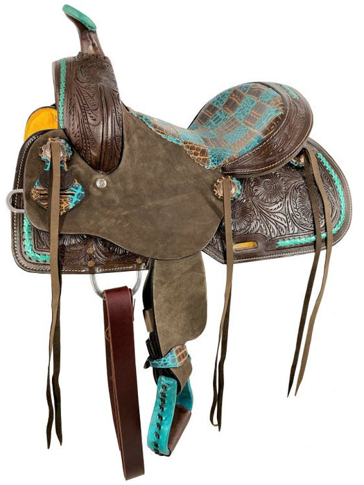 12" Double T Barrel style horse saddle with teal gator patchwork pattern