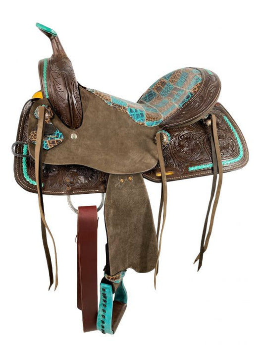 15" Double T Barrel style horse saddle with teal gator patchwork pattern