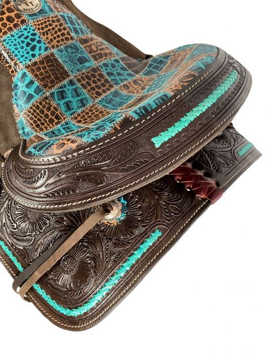 12" Double T Barrel style horse saddle with teal gator patchwork pattern