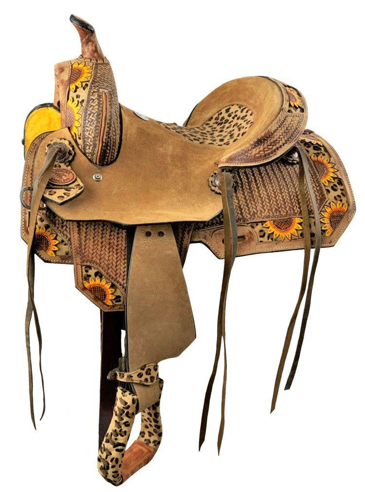 Double T Youth Hard Seat Barrel Style Horse Saddle With Cheetah Seat 13" - Medieval Replicas