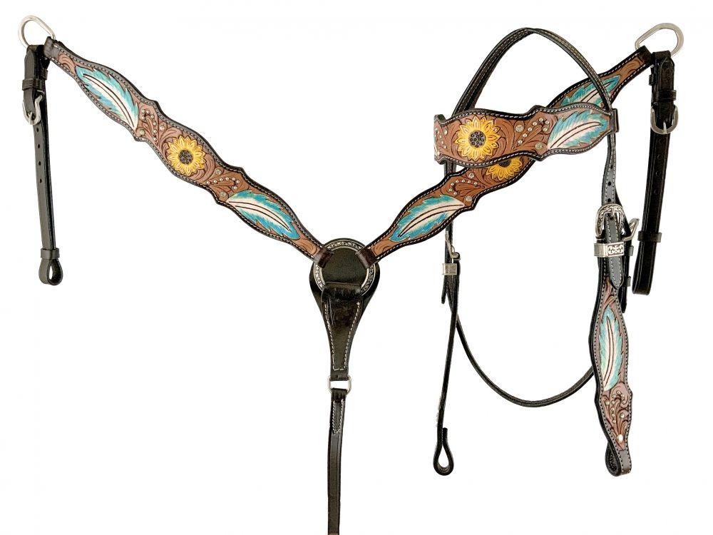 Two Tone Leather horse Headstall & Breastcollar set with Painted Blue feather - Medieval Replicas