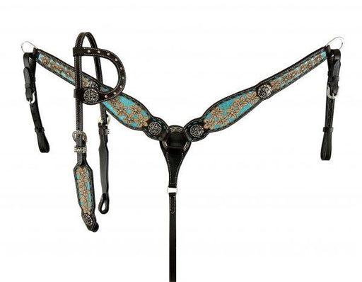 Tooled Flowers on Blue Glitter Inlay Single Ear Headstall and Breast Collar Set - Medieval Replicas