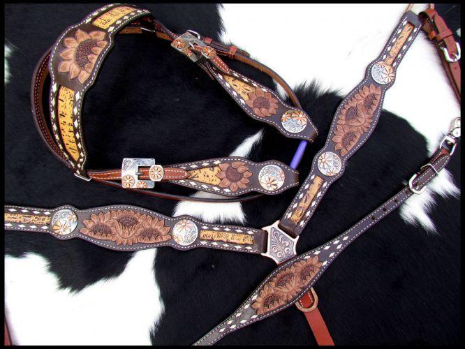 Showman Sunflower Tooled Leather Browband horse headstall and breast collar set - Medieval Replicas