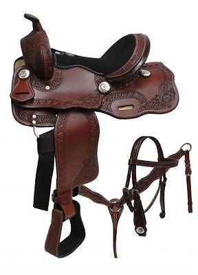 Double T pony saddle set with floral tooling 12" - Medieval Replicas