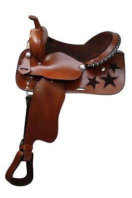 Economy style western saddle with suede leather seat and cut out stars. ﻿16" - Medieval Replicas