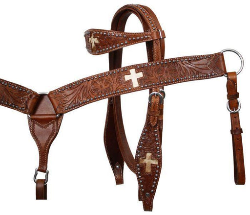 Leather browband headstall and breastcollar set with cut out cross and hair - Medieval Replicas