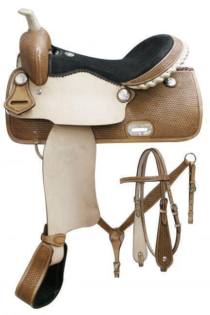 Double T Barrel saddle set with basket weave tooling 15", 16" - Medieval Replicas