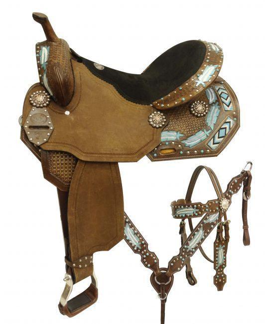 Double T style barrel saddle set with metallic painted feathers and beaded inlay - Medieval Replicas