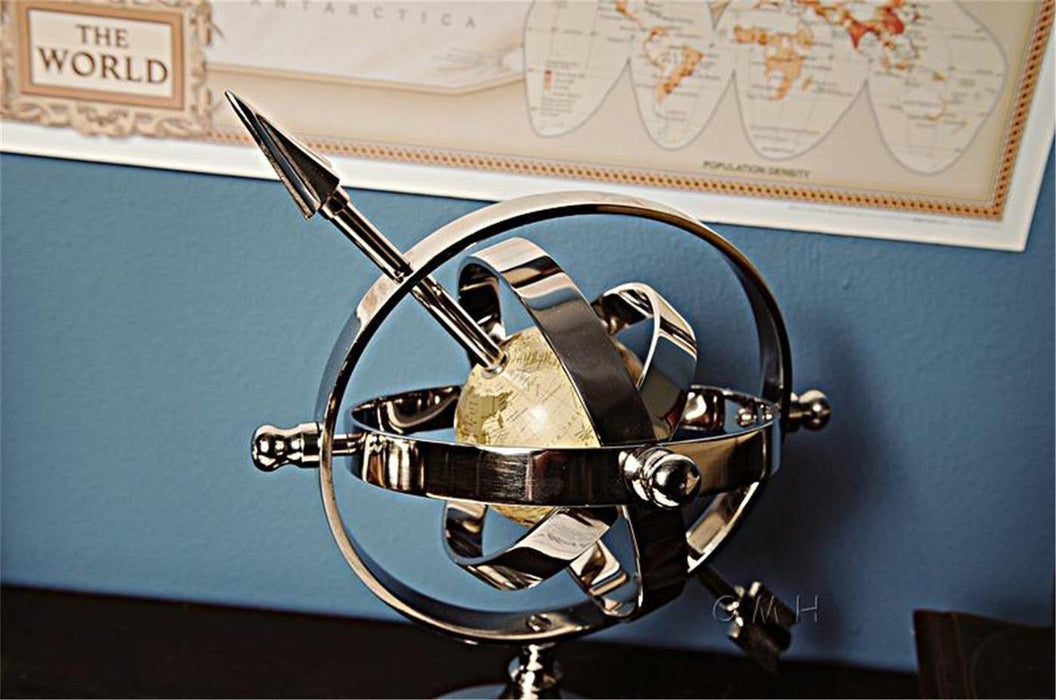 Aluminum Armillary Sphere 12.5" High Nickel Finish World Globe Decoration Model - Medieval Replicas