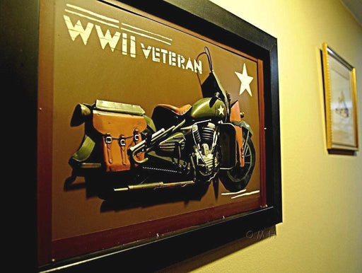 Vintage Harley Davidson WWII Army Motorcycle Painting 27.5" long - Medieval Replicas