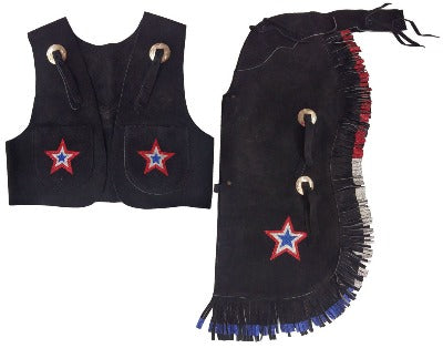 Showman®Black kid's size suede horse leather chap and vest outfit with fringe