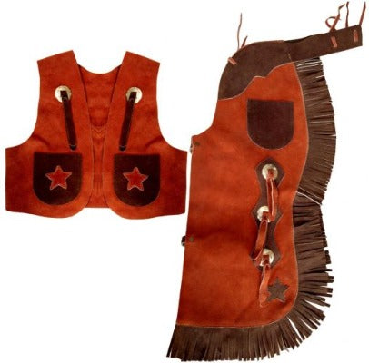 Showman®Two Toned Brown kid's size suede leather chap and vest outfit with fringe