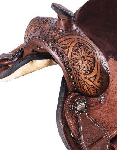 10" Double T Pony Horse Saddle W/ Floral Basketweave Tooled Pommel Cantle Skirts - Medieval Replicas