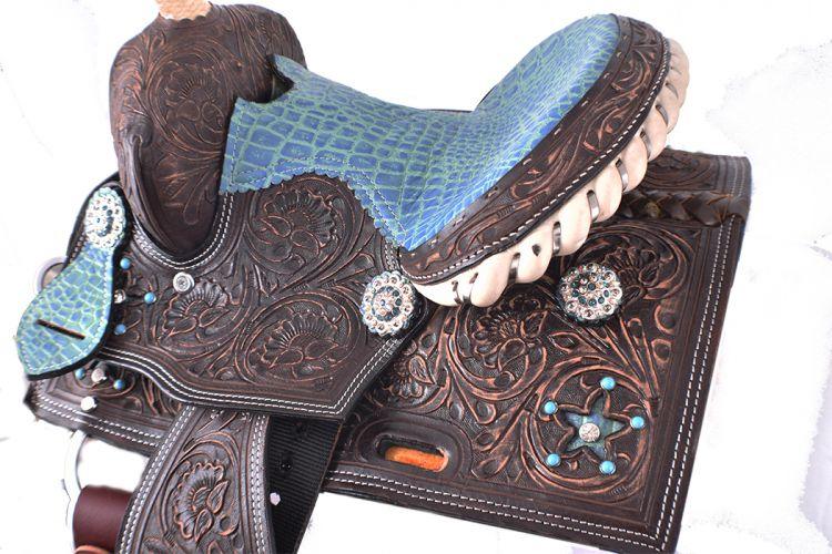 Double T Pony Horse saddle set with turquoise alligator seat.10" - Medieval Replicas