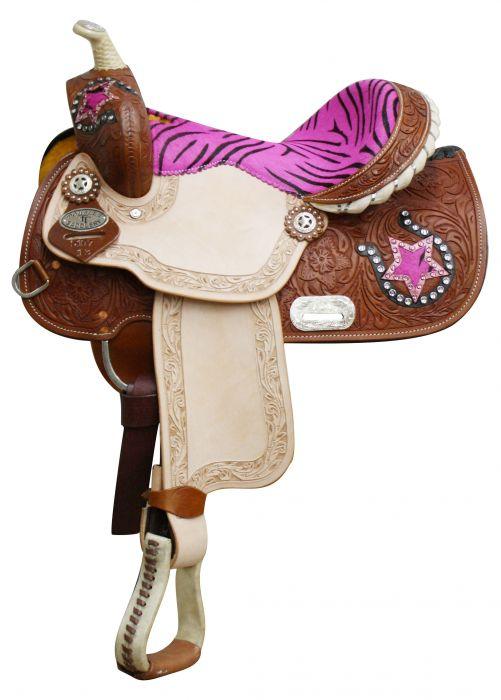 Double T Youth Pony Saddle with Hair On Zebra Print Seat and Horse Shoe 13" - Medieval Replicas