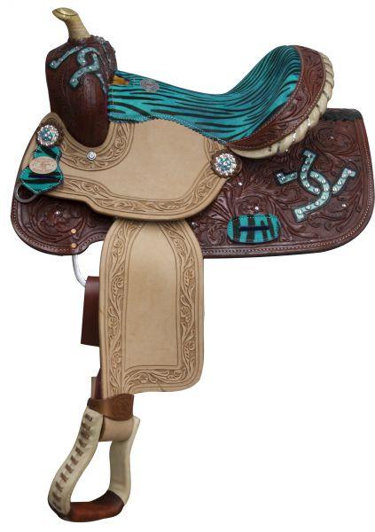 Double T  Barrel Style Saddle With Zebra Print Seat And Horse Shoe Design 13" - Medieval Replicas