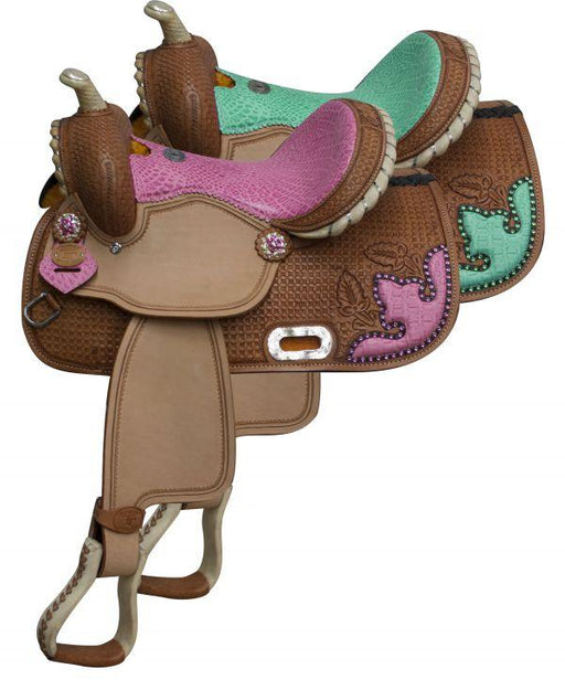 Double T  Barrel style saddle with alligator print seat and accentsm 13" - Medieval Replicas