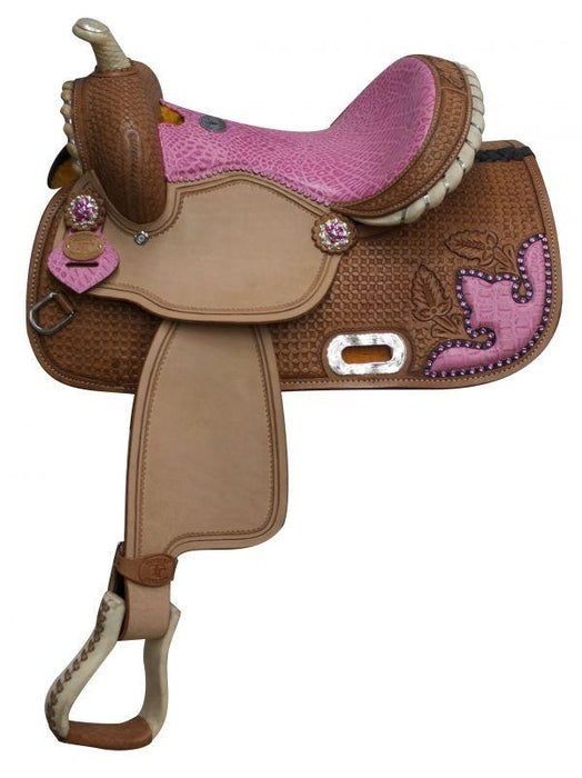 Double T  Barrel style saddle with alligator print seat and accentsm 13" - Medieval Replicas