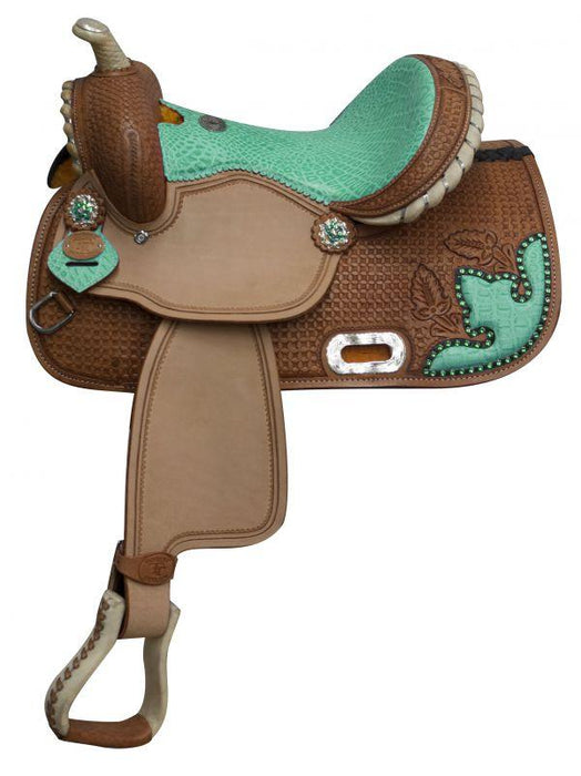 Double T  Barrel style saddle with alligator print seat and accentsm 13" - Medieval Replicas