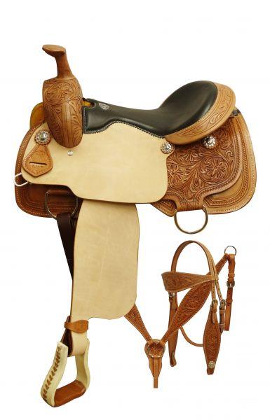 Double T  Roper style saddle set with floral tooling.16" - Medieval Replicas