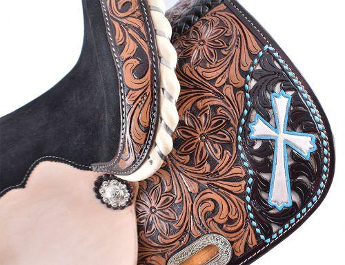 Double T  Barrel style saddle with hand painted cross design.13" - Medieval Replicas