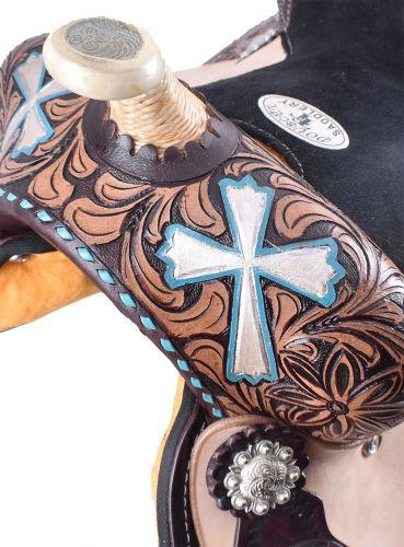 Double T  Barrel style saddle with hand painted cross design.13" - Medieval Replicas