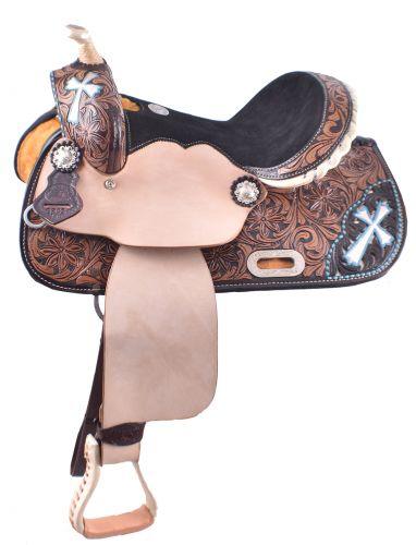 Double T  Barrel style saddle with hand painted cross design.13" - Medieval Replicas