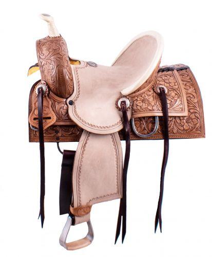 Double T  Square Skirted Hard Seat Roping Style Saddle With Floral 12 inches - Medieval Replicas